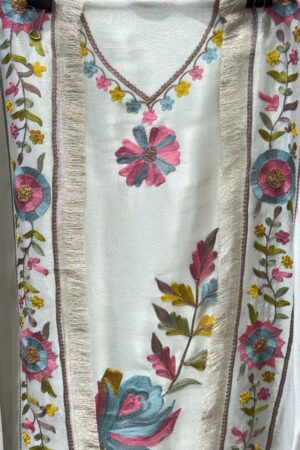 Pure tissue unstitched suit with unique resham and multi embroidery work.