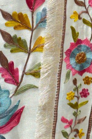 Pure tissue unstitched suit with unique resham and multi embroidery work.