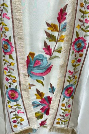 Pure tissue unstitched suit with unique resham and multi embroidery work.