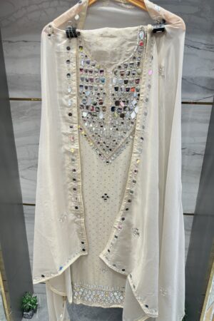 Pure tissue unstitched suit with appealing mirror work