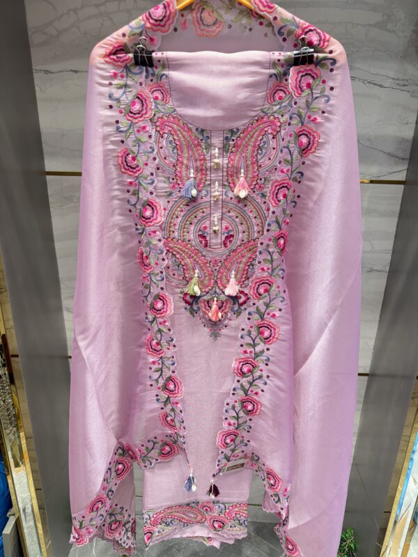 Shimmer tissue unstitched suit designed with resham embroidery work