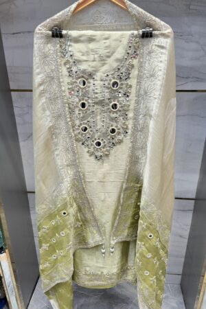 Pure Tissue Unstitched Suit with unique mirror work.