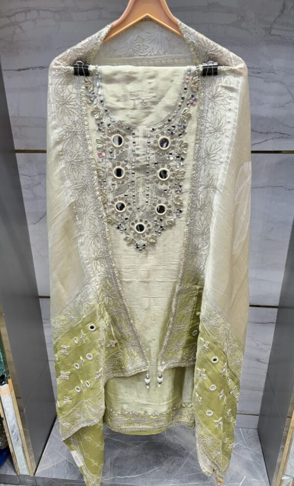 Pure Tissue Unstitched Suit with unique mirror work.