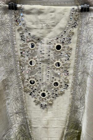 Pure Tissue Unstitched Suit with unique mirror work.