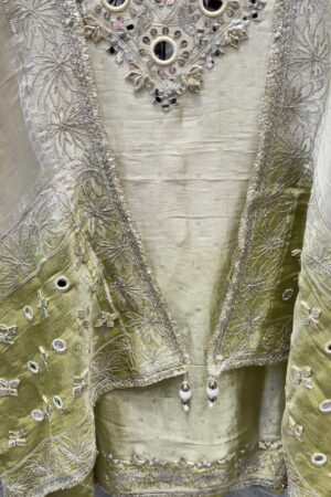 Pure Tissue Unstitched Suit with unique mirror work.