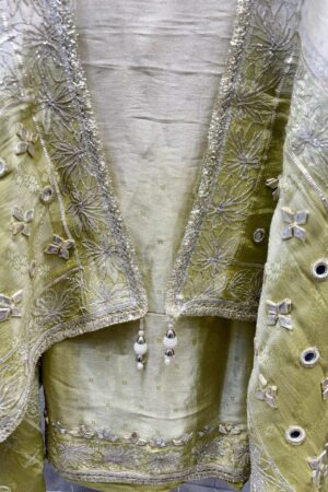 Pure Tissue Unstitched Suit with unique mirror work.